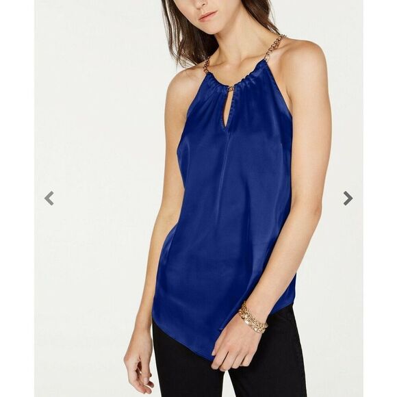 INC Top Blouse Gold Chain Halter Neck Satin Blue Sz medium - Picture 3 of 6